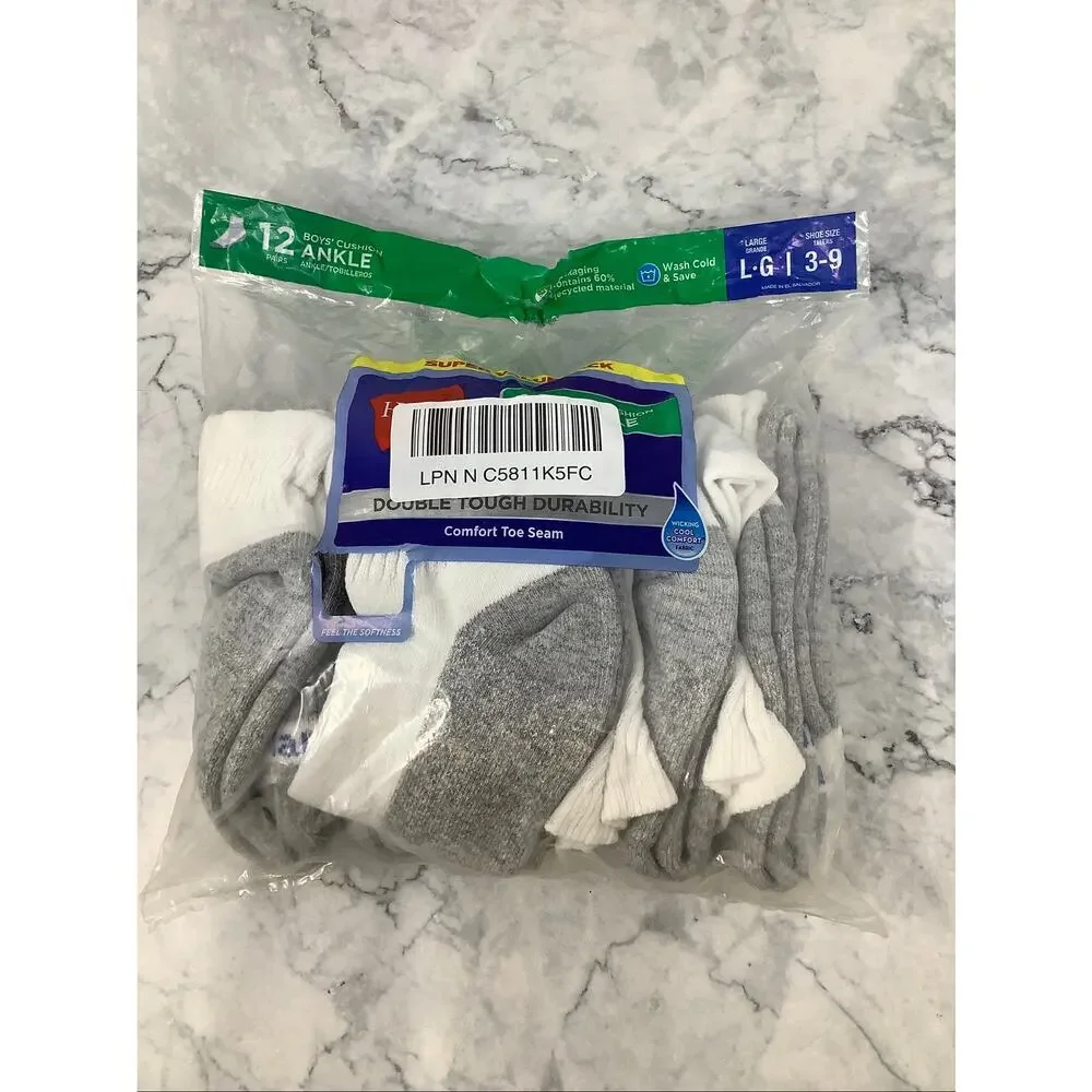 Hanes Boy's Large 12-Pack Double Tough Cushion White Ankle Socks OS1-7